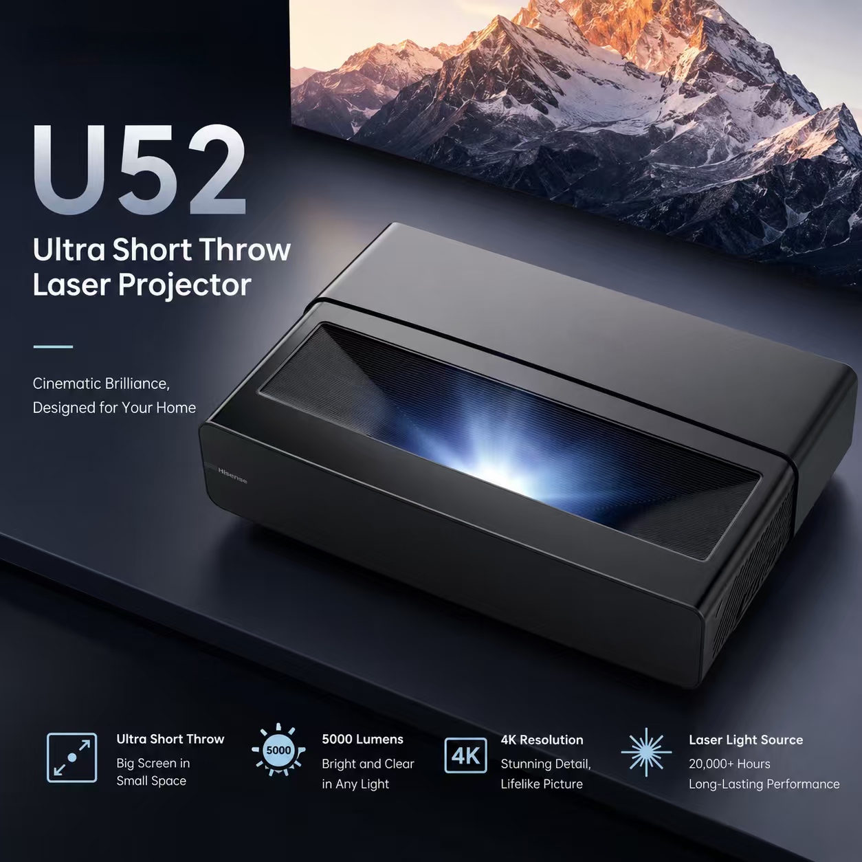 Home Cinema Ultra Short Throw Projector - جهاز عرض U52 4K DLP بقوة