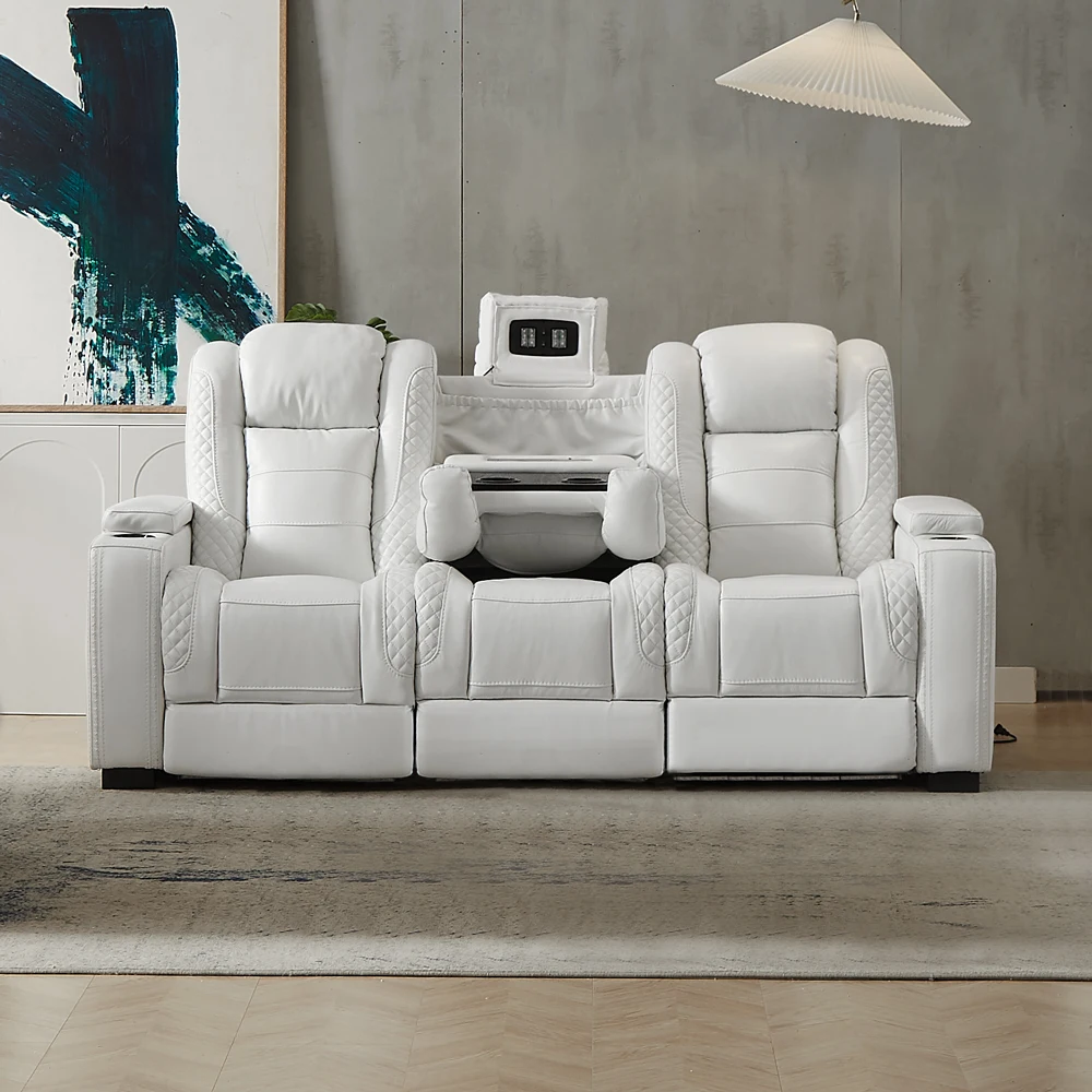 Home Cinema Luxury - أريكة جلدية بيضاء فاخرة قابلة للإمالة